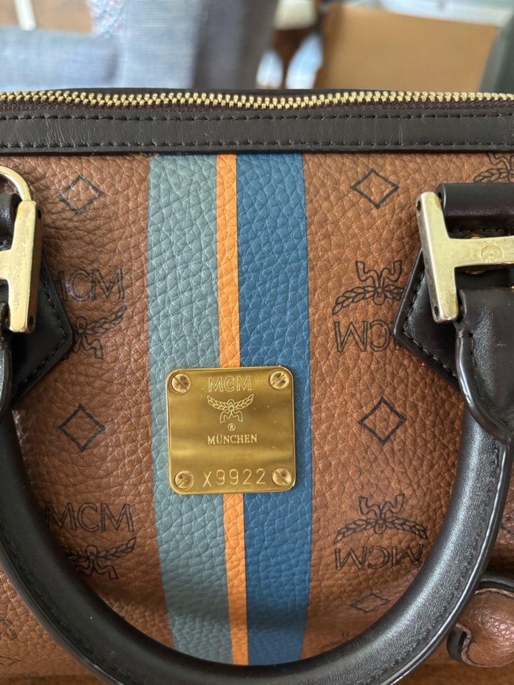 MCM Brown Visetos Satchel with Blue and Orange Stripe - Picture 3 of 13